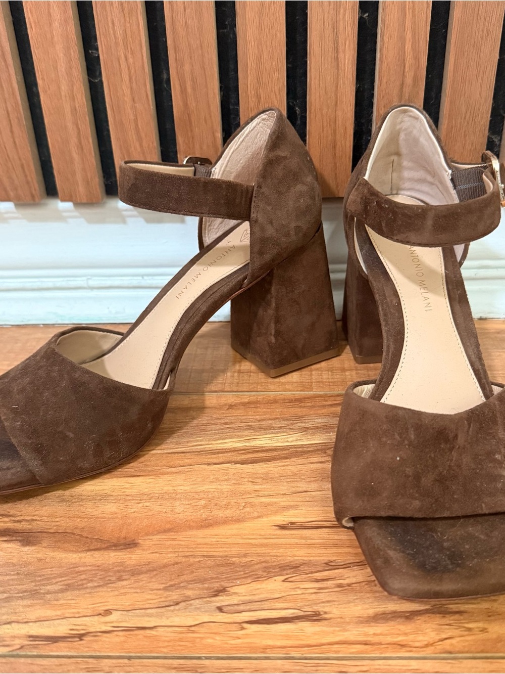 ANTONIO MELANI Brown Suede Block Heel Sandals with Ankle Strap